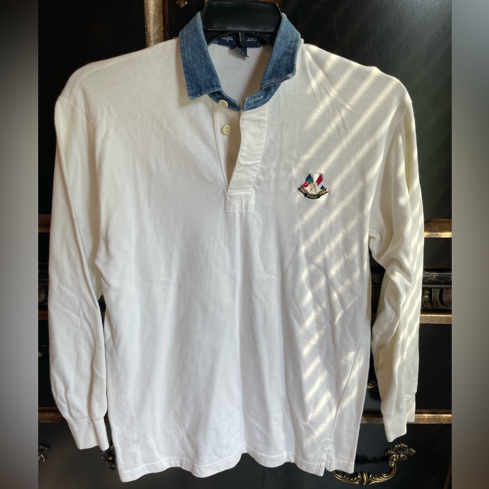 Vintage Ralph Lauren polo with denim collar. Long sleeve. White. Size small.